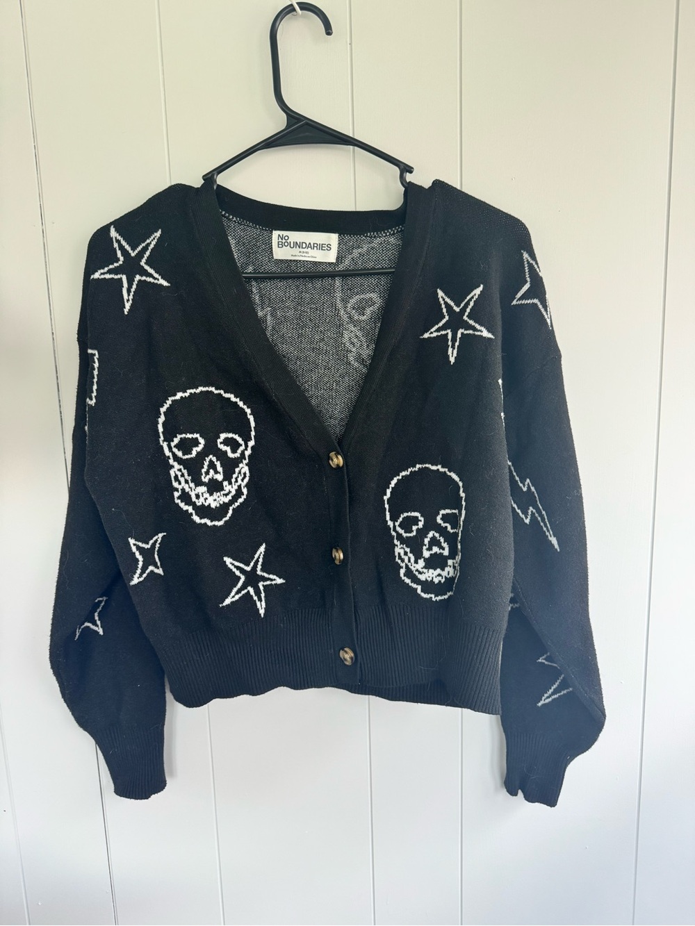 No Boundaries Black Cardigan with White Skull & Star Motif